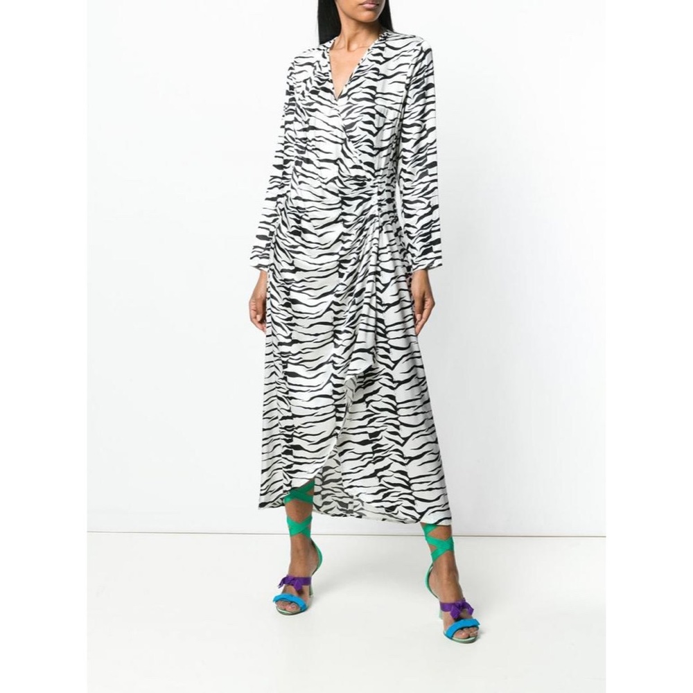RIXO London Betty Mono Tiger Long Sleeve Wrap Dress Zebra Animal Print Women XS
